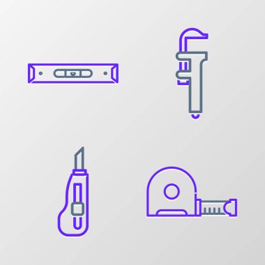 Çizgi Rulet inşaat bıçağı Calliper ya da kalibre ve ölçek ve inşaat balon düzeyi ikonu. Vektör.