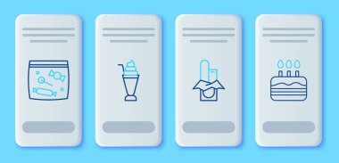 Şekerlemeler ve Kek için yanan mum ikonlu Milkshake Çikolata paketini ayarla. Vektör.