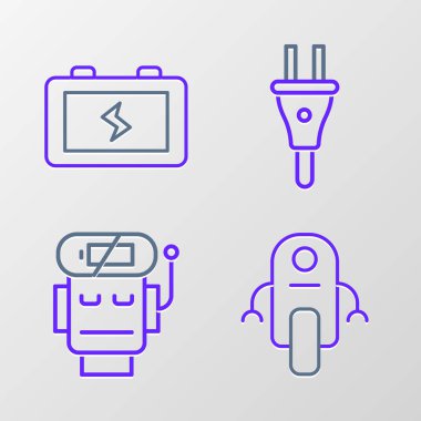 Robot düşük batarya şarj prizi ve pil simgesini ayarla. Vektör.