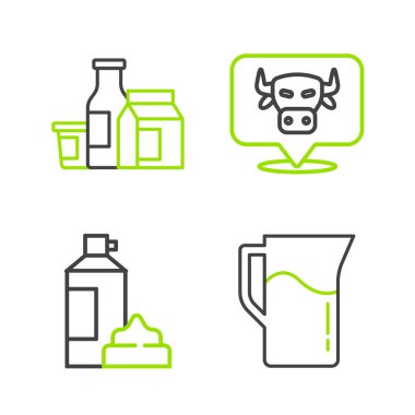 Süt sürahisi ya da sürahi krem şanti şişede inek kafası ve ürün ikonu. Vektör.