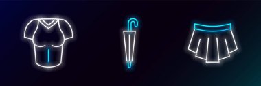 Çizgi Etek tişörtü ve Şemsiye simgesini ayarla. Parlayan neon. Vektör.