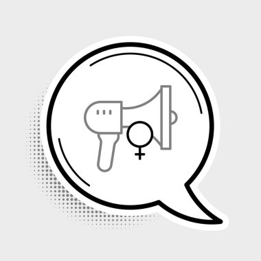 Çizgi Kadın Hareketi, bayrak ve pankart ikonlu feminist aktivist gri arka planda izole edilmiş. Feminist hakları hareketi, feminizm kardeşliği. Renkli taslak konsepti. Vektör