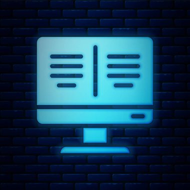 Parlayan neon çevrimiçi kitap, tuğla duvar arka planında izole edilmiş monitör simgesi. İnternet eğitimi konsepti, e-öğrenme kaynakları. Vektör İllüstrasyonu.