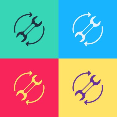 Çalışma akışı simgesi olarak arkaplanda izole edilmiş Pop Art Wrench anahtarı ve oklar. Ayarlama, servis, ayar, bakım, onarım, onarım. Vektör.