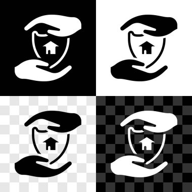 House 'u kalkan simgesiyle siyah beyaz, şeffaf bir arkaplanda izole et. Sigorta konsepti. Güvenlik, güvenlik, koruma, konsept koruma. Vektör