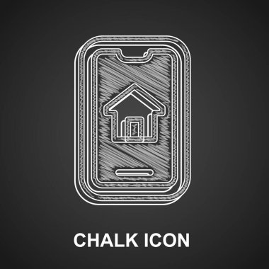 Akıllı telefon ikonundaki Chalk Online emlak evi siyah arka planda izole edilmiş. Ev kredisi konsepti, kira, satın alma, mülk alma. Vektör