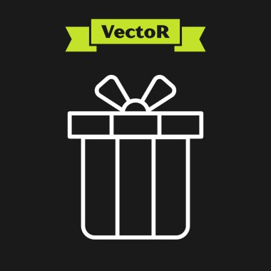 Beyaz çizgi hediye kutusu simgesi siyah arkaplanda izole edildi. Mutlu Noeller ve mutlu yıllar. Vektör.