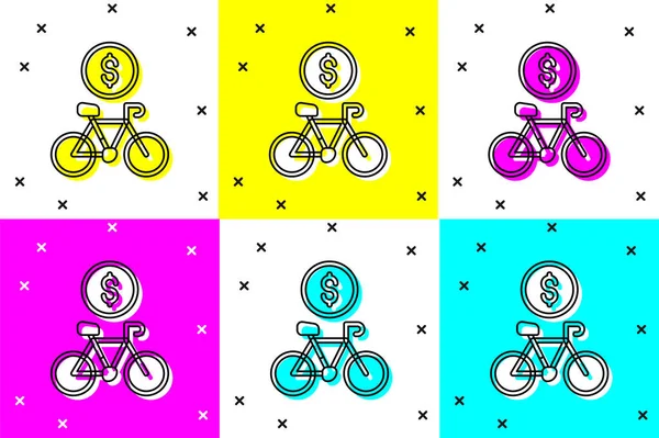 カラー背景に自転車レンタルモバイルアプリのアイコンを分離設定します 市内のレンタル自転車のためのスマートサービス 共有システムのためのモバイルアプリ ベクトル — ストックベクタ