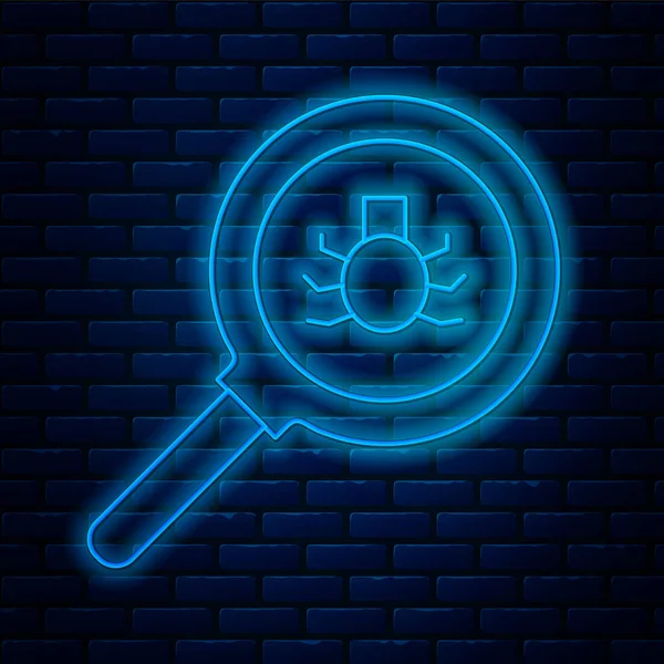 Zářící Neonová Čára Bleší Vyhledávací Ikona Izolovaná Pozadí Cihlové Zdi — Stockový vektor