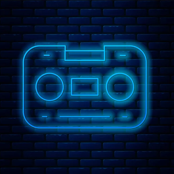 Glowing Neon Line Retro Audio Cassette Tape Icon Isolated Brick — Archivo Imágenes Vectoriales