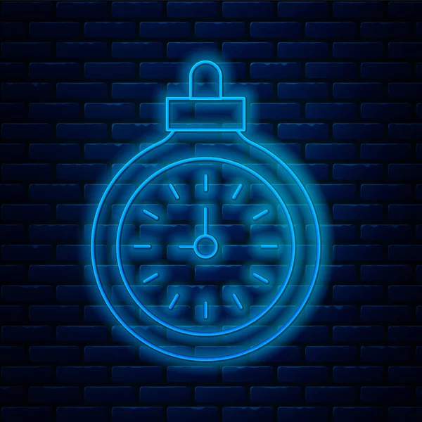 Glowing Neon Line Pocket Watch Icon Isolated Brick Wall Background — ストックベクタ