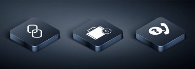 Isometric Chain linkini, telefon ahizesini, konuşma balonu sohbetini, evrak çantasını ve para simgesini ayarlayın. Vektör.