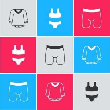 Süveter, mayo ve bisiklet şortu simgesini ayarla. Vektör