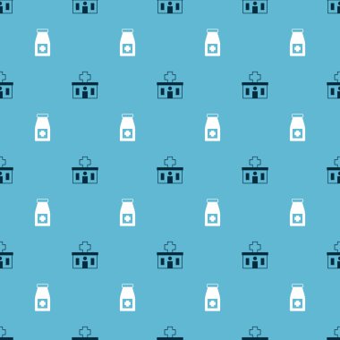 Hastane binasını, ilaç şişesini ve hapları kusursuz desenlere ayarlayın. Vektör