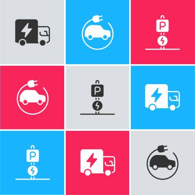 Elektrik kamyonu, araba ve elektrik yükleme ikonu ayarla. Vektör