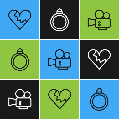 Kırık kalp ya da boşanma, sinema kamerası ve elmas nişan yüzüğü ikonu. Vektör.