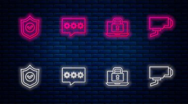 Hat parola korumasını, dizüstü bilgisayarı ve kilidi işaretli kalkanı ve güvenlik kamerasını ayarlayın. Tuğla duvarda parlayan neon simgesi. Vektör