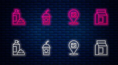 Milkshake, peynir, krem şanti ve süt için kâğıt paketi hazırla. Tuğla duvarda parlayan neon simgesi. Vektör