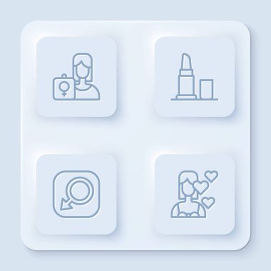 Sabit çizgi Feminist aktivist, ruj, erkek cinsiyeti ve kendini sev. Beyaz kare düğme. Vektör