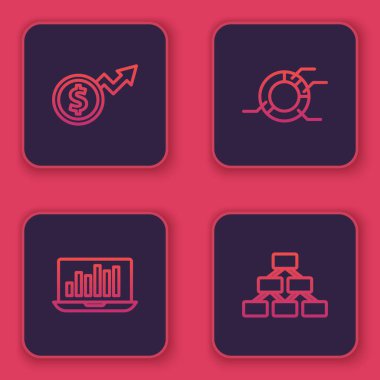 Finansal büyüme doları, grafik grafikli dizüstü bilgisayar, Pie Infographic ve Hiyerarşi organogramı. Mavi kare düğme. Vektör