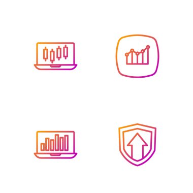 Finansal büyümeyi ayarla, grafikli dizüstü bilgisayar, borsa grafikleri ve. Renk simgeleri. Vektör