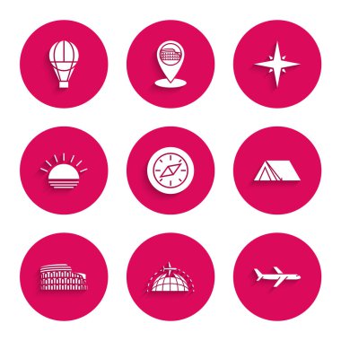 Set Compass, Globe 'un uçan uçakları, Uçak, Turizm Çadırı, Kolezyum Roma, İtalya, Günbatımı, Rüzgar Gülü ve Sıcak Hava Balonu ikonu. Vektör