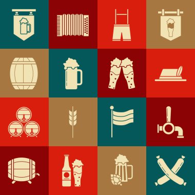 Çapraz sosis, bira musluğu, Oktoberfest şapkası, Lederhosen, bir bardak bira, tahta fıçı, cam ve ikonlu sokak tabelası. Vektör