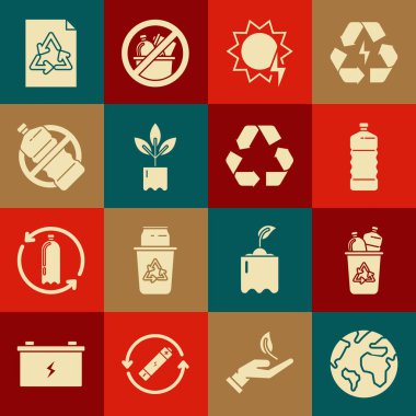 Dünya küresi, geri dönüşüm sembollü geri dönüşüm kutusu, plastik şişe, güneş enerjisi paneli, bitki, plastik yok, kağıt ve simge. Vektör