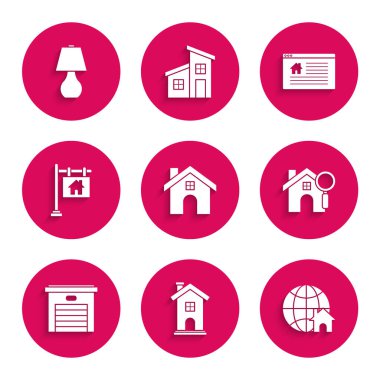 House, Home sembolü, Globe with house, Search, Garage, Hanging tabelası satışı, Online ve Masa Lambası ikonu. Vektör