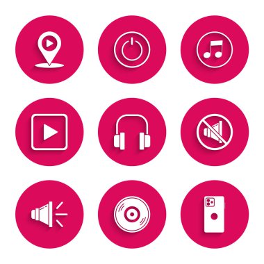 Kulaklıkları, Vinil diski, Smartphone, cep telefonu, Hoparlör sesi, ses, kare çal, müzik notası, ton ve konum simgesi ile dijital ortam oynat. Vektör