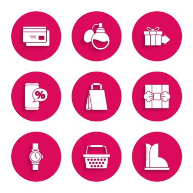 Kağıt alışveriş torbası, alışveriş sepeti, su geçirmez lastik bot, hediye kutusu, kol saati, yüzde indirim ve telefon ve kredi kartı ikonu. Vektör