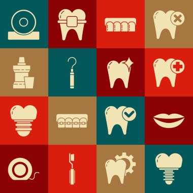 Diş implantı, gülen dudaklar, diş, takma diş modeli, diş macunu pulu, ağız gargarası plastik şişe, Otolaryngological baş yansıtıcı ve beyazlatma konsepti simgesi. Vektör