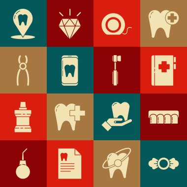 Candy, protez modeli, dişçi kartı, diş ipi, online bakım, pense, klinik konumu ve diş fırçası ikonu. Vektör