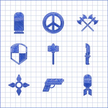 Savaş çekicini, tabancayı, havacılık bombasını, askeri bıçağı, Japon ninja shuriken 'i, kalkanı, orta çağ baltalarını ve kartuş simgesini hazırlayın. Vektör