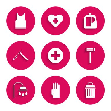 Cross hastanesi sağlık ekibi, lastik eldiven, çöp tenekesi, tıraş bıçağı, duş başlığı, Düz, temizlik malzemesi için şişe ve kolsuz tişört ikonu. Vektör