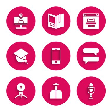 Cep telefonu, öğrenci, mikrofon, konuşma balonu sohbeti, web kamerası, mezuniyet şapkası küresi, tarayıcı penceresi ve video konferans simgesi ayarla. Vektör