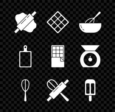 Hamur, waffle, mutfak çırpısı ve kase, rulo, dondurma, kesim tahtası ve çikolata ikonuna iğne koyun. Vektör