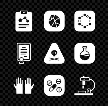 Kimya raporu, tuz taşı, benzen halkaları formülü, tıbbi lastik eldivenler, ilaç hapı tableti, mikroskop, sertifika şablonu ve toksik uyarı ikonu. Vektör