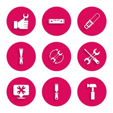 Wrench ve okları iş akışı olarak ayarla, Rasp metal dosyası, çekiç, tornavida anahtarı, konumu ile birlikte, macun bıçağı, testere ve anahtar simgesi. Vektör