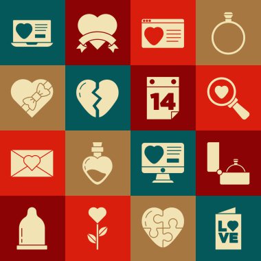 Sevgililer günü partisi broşürü, elmas nişan yüzüğü, arama kalbi ve aşk, internetteki flört uygulaması, Kırık, Şeker şeklinde kutu ve 14 Şubat ikonlu takvim. Vektör