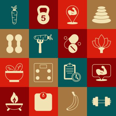 Set Dumbbell, vücut geliştirici kas, nilüfer çiçeği, çatallı havuç ve vitamin hapı ikonu. Vektör