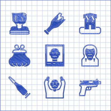 Set Aranıyor afişi, Hırsız teslim oluyor, Tabanca ya da silah, maske, Bullet, Cüzdan, Kundakçılık ve Adam Kaçırma ikonu. Vektör