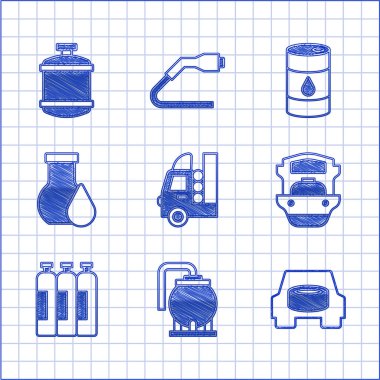Araç için benzin deposu, yağ deposu, yedek tekerlek, tanker gemisi, endüstriyel gaz silindiri, benzin test tüpü, varil yağı ve propan ikonu hazırlayın. Vektör