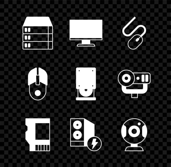 集服务器 网络托管 计算机监控屏幕 Sd卡 计算机 相机和光盘驱动器图标为一体 — 图库矢量图片