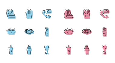 Saman ve dondurmalı waffle külahı, patates kızartması karton paket tavuk budu, tatlı kebap Doner kebap, nachos tabağı ve patates ikonu. Vektör.