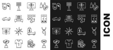 Set Hat Ödülü kupası ve Amerikan futbol basketbol takımı veya televizyon programındaki işçiler çivili futbol ayakkabıları, strateji konsepti ve ikonu ile ayakta duruyorlar. Vektör.