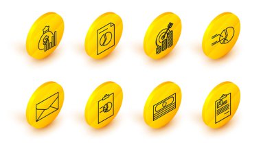 Satır Panosunu, özgeçmiş destesi kağıt para grafiği grafiği grafiği, Zarflı Turta bilgi birikimi hedef para çantası ve para çantası ve diyagram simgesi ile ayarla. Vektör.