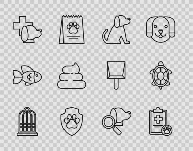Set line Cage for birds Clipboard with medical clinical record pet Dog Animal health insurance Veterinary symbol Shit and Turtle icon. Vector.