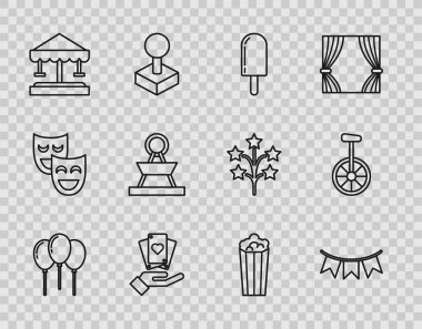 Çizgili Balonlar, kurdele karnavalı çelenk bayraklı Dondurma El, iskambil kağıtları, atlıkarınca, patlamış mısır, karton kutu ve tek tekerlekli bisiklet ikonu. Vektör.