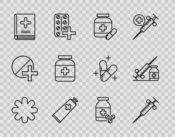 Встановіть Лінію Хрест Лікарня Медичний Шприц Медична Пляшка Таблетки Мазі — стоковий вектор